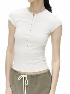 White slim fit Henley t-shirt with shell buttons and ribbed texture on white background