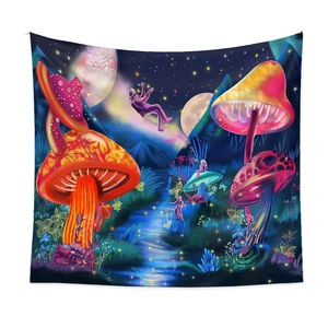 Trippy mushroom tapestry with floating astronaut and starry space theme for wall decor