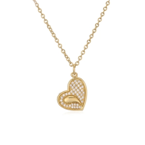 Elegant gold-plated heart pendant necklace with shimmering zircon stones on white background