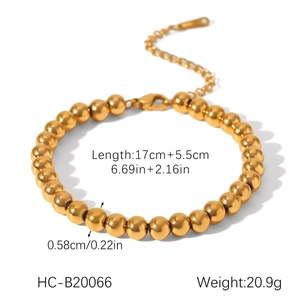 Detailed view of polished gold stainless steel bead bracelet with size and weight specs