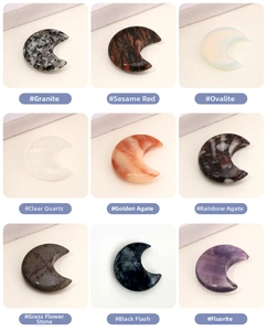 Detailed grid of crescent moon carvings in various natural gemstones and polished crystals