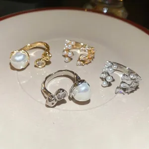 French vintage multi-layer pearl open rings with zircon stones in gold and silver finish
