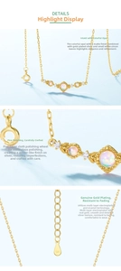 Macro detail of gold S925 silver necklace featuring iridescent opal and white zircon stones