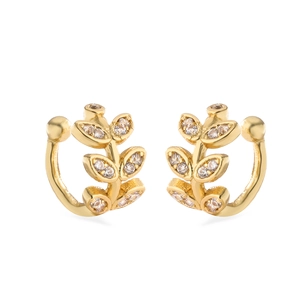 Elegant gold leaf ear cuffs with sparkling cubic zirconia on a clean white background