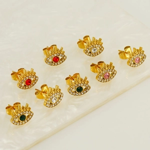 Golden stainless steel evil eye stud earrings set with colorful zircon stones