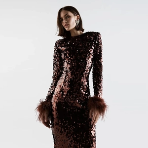 Robe Midi Femme À Paillettes Manches Longues Avec Poignets En Plumes D'autruche Slim Fit Soirée Cocktail