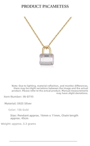 Close-up of 925 silver 18k gold lock necklace with 16x11mm translucent gemstone pendant