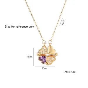 18K gold folding clover necklace with zircon heart petals on 40+5cm chain