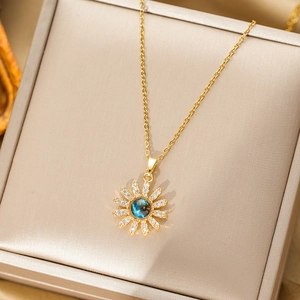 Titanium steel sun flower necklace with blue galaxy stone and white crystal accents