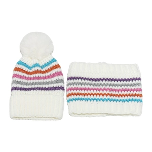 Cappello In Maglia E Scaldacollo Inverno Bambini Bianco Strisce Arcobaleno Acrilico Fodera In Pile Caldo