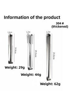 Three sizes of 304 stainless steel food tongs showing length and weight measurements