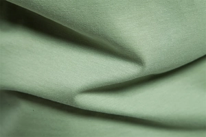 Macro shot of bean green knitted cotton fabric showing soft texture and fine grain detail
