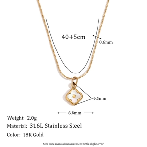 18K gold plated stainless steel clover necklace with white shell pendant and size details