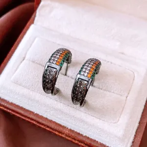 Vintage C-Shaped Hoop Earrings Copper Colorful Zircon Studs With Silver Earring Post Retro Geometric Fashion For Women