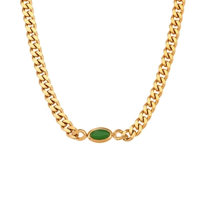 Classic 6.3mm gold-plated Cuban chain necklace with an oval green stone pendant