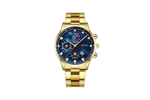 Primer plano del reloj REURIO con esfera azul y correa de acero inoxidable dorado