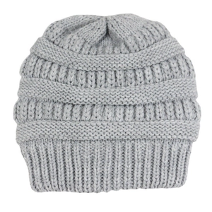 Detailed view of grey slouchy beanie showing thick knit texture and premium satin lining