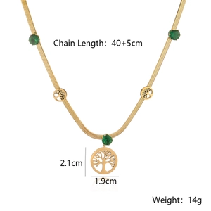 Detailed view of Tree of Life pendant with dimensions 2.1cm x 1.9cm on a gold snake chain