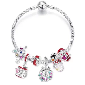 Christmas 925 silver charm bracelet with colorful snowman and Santa Claus pendants