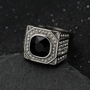 Men's 316 stainless steel ring with a large black square gemstone and crystal accents