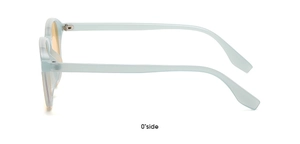 Side view of trendy sunglasses with translucent light blue frames and yellow lenses