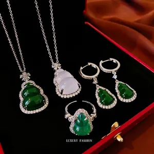 Gourd Pendant Necklace Green Resin Faux Jade Zircon Inlaid Retro Chinese Style Lucky Jewelry For Women