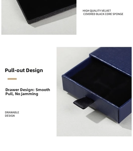 Macro detail of navy blue drawer jewelry box with black velvet foam insert and ribbon pull