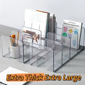 Transparent acrylic desktop book organizer with multiple slots for books and magazines