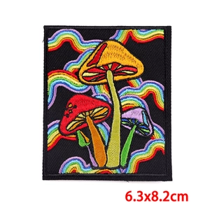 Embroidered mushroom and rainbow patch for clothes, size 6.3x8.2cm on black base