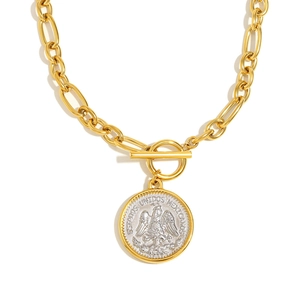 Gold 18K plated stainless steel toggle clasp necklace with Mexican coin eagle pendant