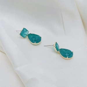 Elegant S925 silver gold-plated earrings with square and teardrop teal green stones