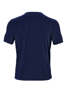 Detailed back view of a navy blue waffle knit textured short sleeve V-neck men's shirt