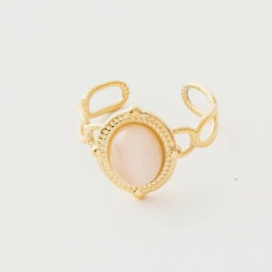 Detail of vintage gold ring featuring a pink oval gemstone and twisted rope texture