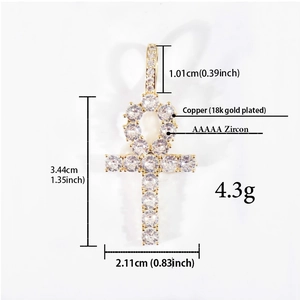 Gold-plated Ankh cross pendant with AAAAA cubic zirconia stones and size dimensions