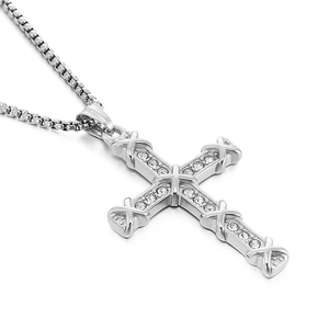 Hip hop silver cross necklace for men with cubic zirconia stones and box chain