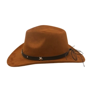 Detailed texture of brown faux suede cowboy hat with star buckle and leather band