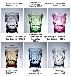 Grid view of multi-colored diamond textured acrylic cups in 210ml and 310ml sizes