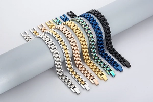 Showcase of seven color variants for the metallic link bracelet in a neat vertical layout