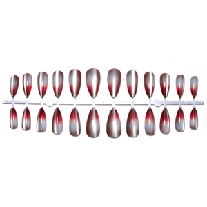 Set of 24 almond-shaped press-on nails with silver-to-red metallic cat-eye gradient effect