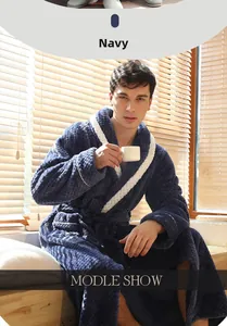 Men's navy thick flannel bathrobe with white lapel collar and waffle texture in cozy setting