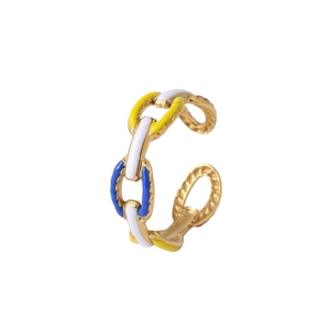 Colorful enamel Cuban chain open ring in gold stainless steel with leaf cross design