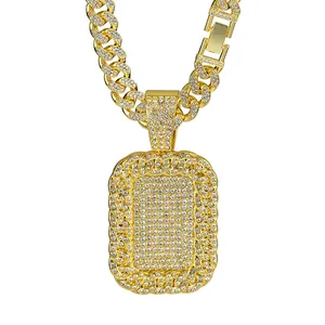 Hip Hop Full Rhinestone Dog Tag Pendant Cuban Chain Necklace Alloy Iced Out Shiny Jewelry For Men Women