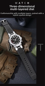 Close-up of dual-display tactical watch with steel bezel on rugged outdoor gear