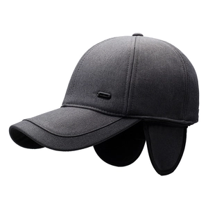 Men's winter baseball cap in dark grey featuring thick thermal fabric and ear flaps