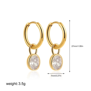 Detailed view of 18K gold hoop earrings with dimensions 27mm height and zircon pendant