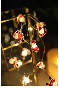 Detail of warm white Santa Claus LED copper wire lights on a metal frame