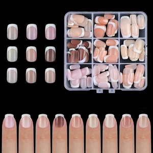 French manicure press-on nails set with nude and brown gradients in clear storage box