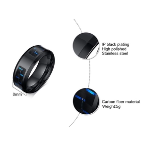 Detail showing 8mm black stainless steel ring with blue carbon fiber inlay and IP plating