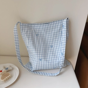Blue gingham canvas tote bag with bow embroidery, minimalist Japanese style shoulder bag