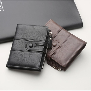 Close-up of PU leather wallets in black and brown with side zipper and snap buckle